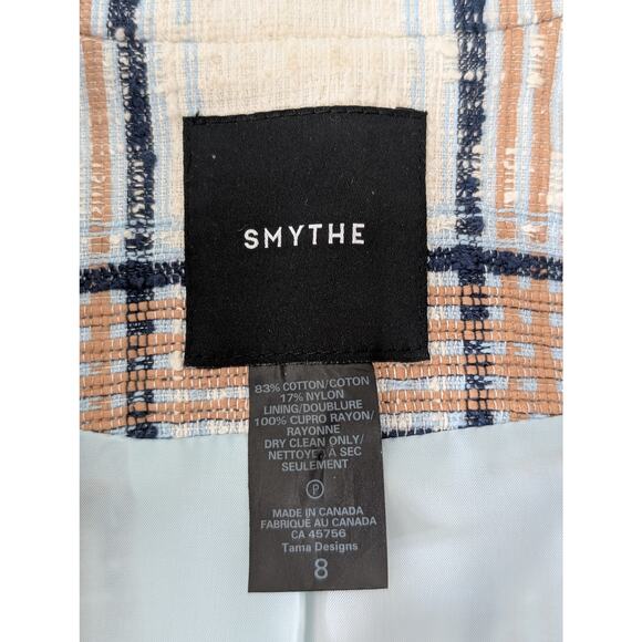 Smythe Portrait Neck Chesterfield Plaid Blazer Sz 8 Check White Brown Blue $695 - Picture 7 of 11